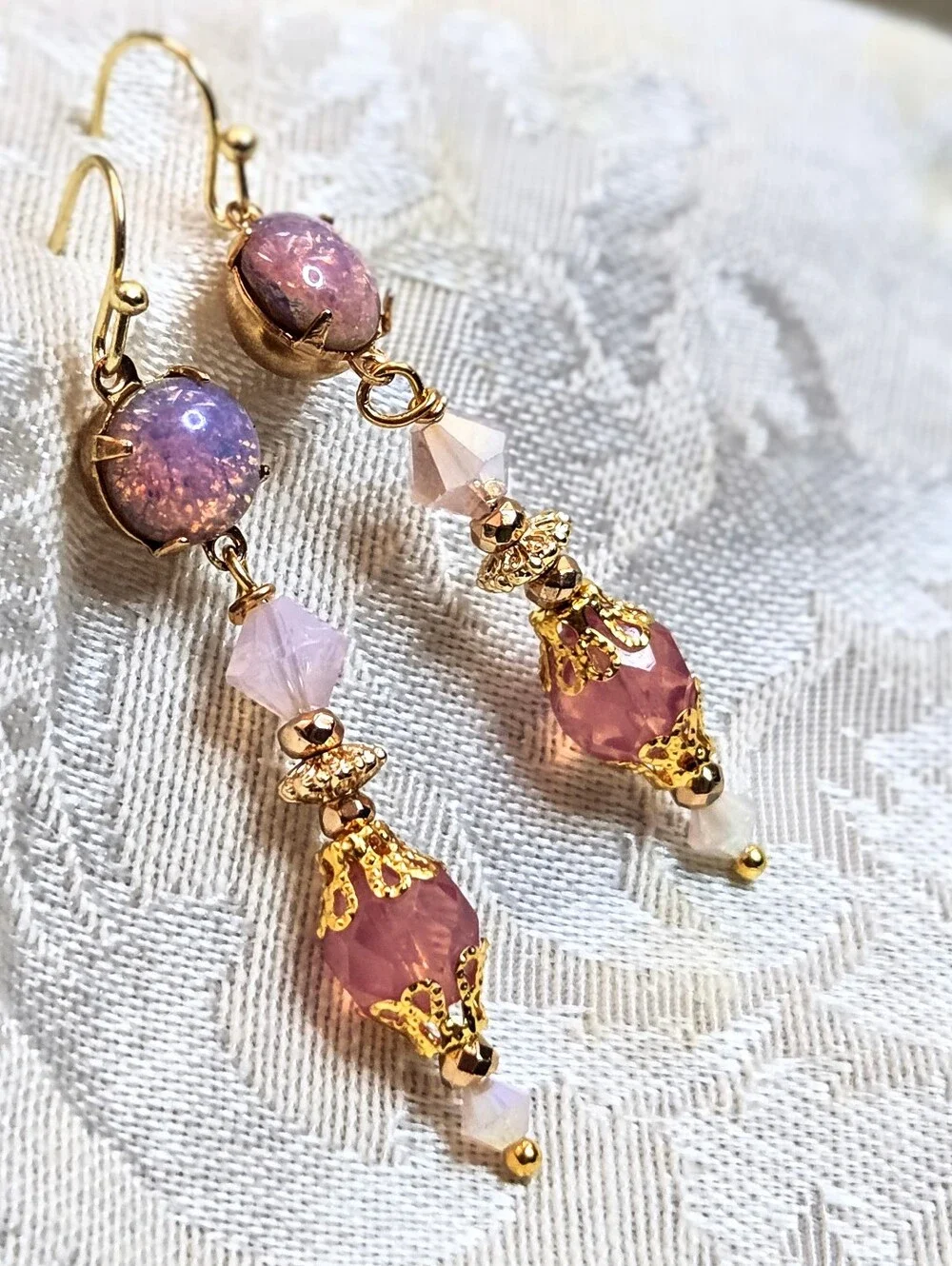 Victorian Delicate & Dainty Pink Opal Swarovski & Glass In Gold Plated Earrings